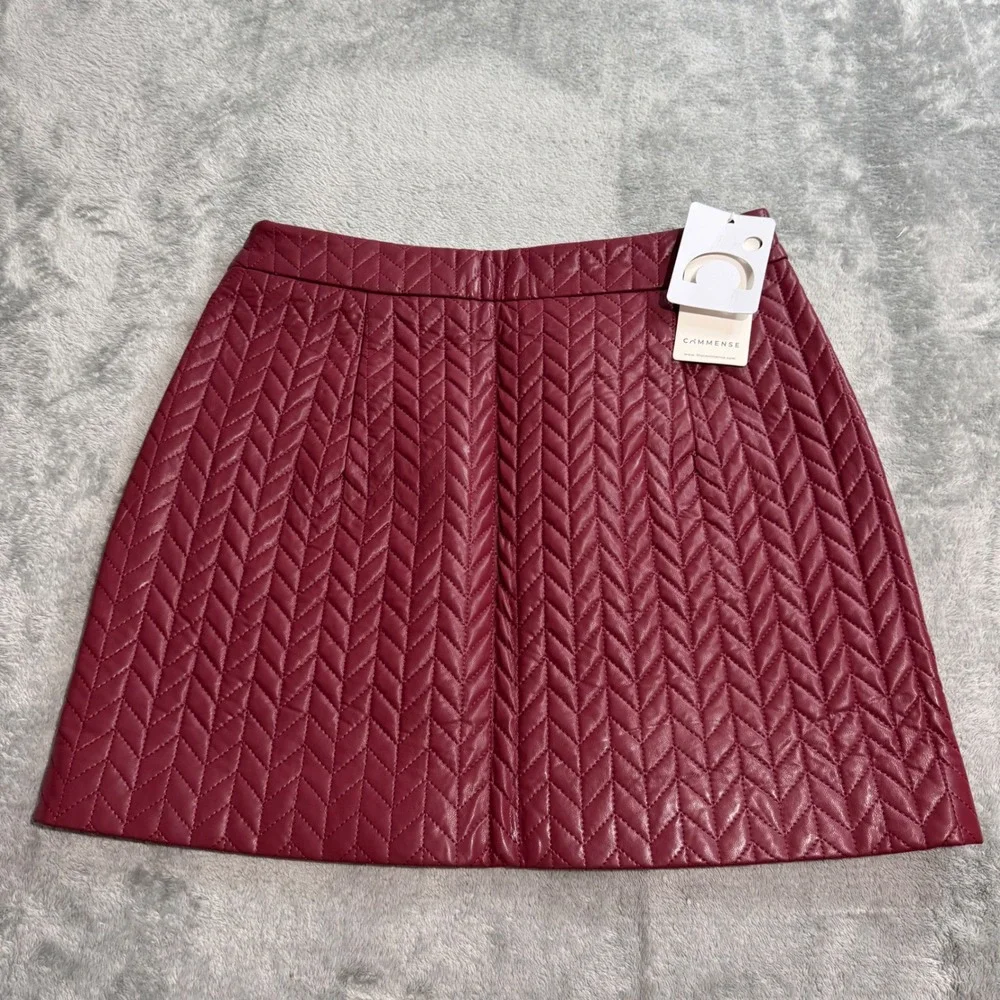 NEW Commense Burgundy Quilted Faux Leather Mini Skirt Chevron Wine Red Small